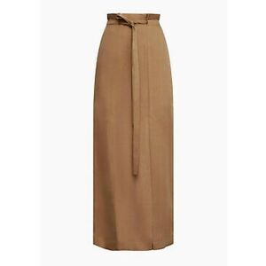 BCBGMAXAZRIA Paper Bag Tie-Waist Midi Skirt Front Slits Chestnut XS